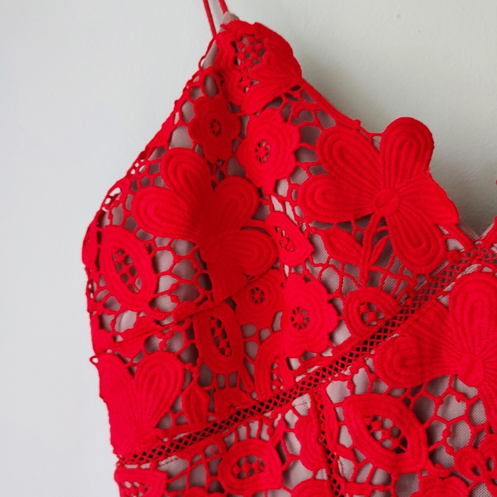 Self-Portrait Azalea Red Lace Fit & Flare Midi Dress Size 4 - Picture 7 of 16